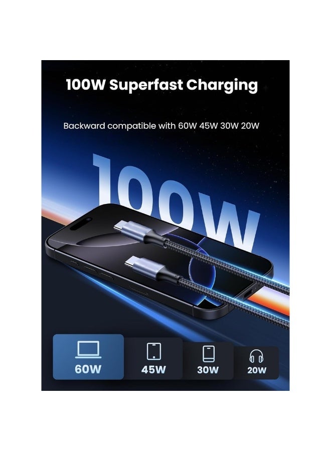 كابل USB C مضفر بطول 1 متر، مزود بخاصية توصيل الطاقة 100 وات، كابل شحن فائق السرعة PD، من USB C إلى Type C، لأجهزة iPhone 15/16 Pro Max وiPad Mini 7 وMacBook Pro وiPad وSamsung S25 Ultra/S24/23/H - Image 2